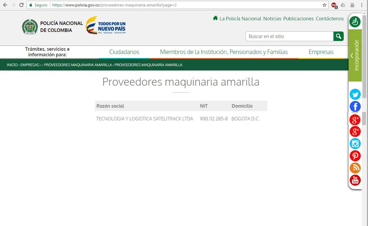 pantallazo de la web de los poveedores